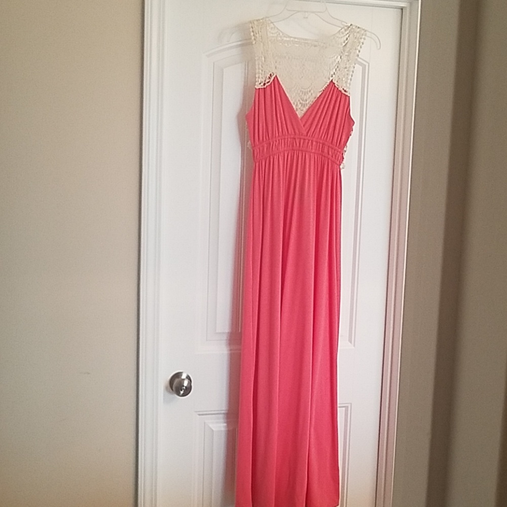 Floor-length coral dress with lace top detail